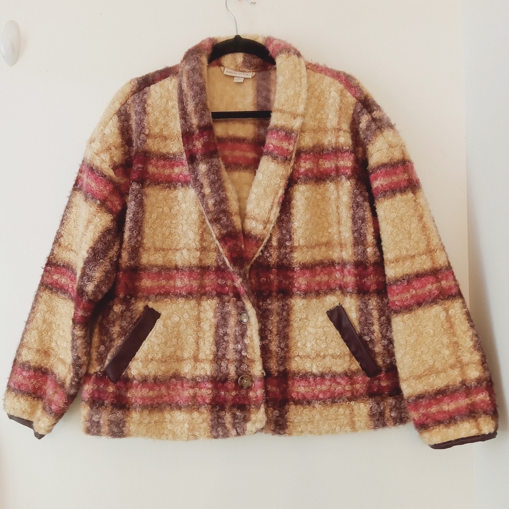 Knox Rose Plaid Sherpa Teddy Jacket Large Oversized Button Down Fuzzy Cabincore